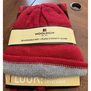 NEW Woolrich‎ Reversible Hat and Plaid Eternity Scarf Set Black Red Plaid 1 Size